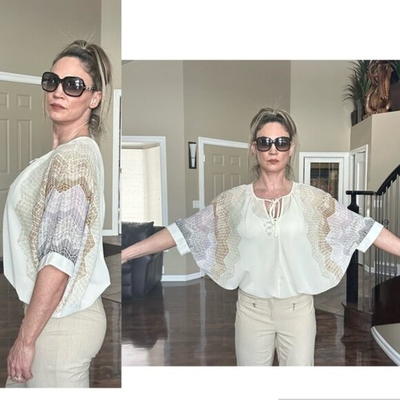 Madison Paige cream web sleeve bat wing front tie blouse semi sheer Sz L - Picture 3 of 15